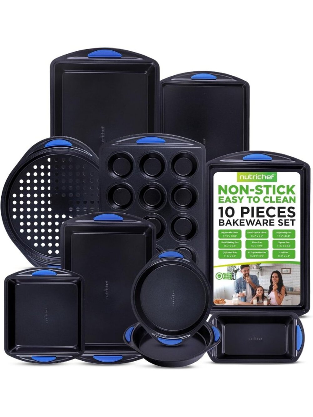 10-Piece Nonstick Bakeware Set - Heavy Duty Carbon Steel, Silicone Handles, Easy